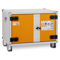 Ceb85F Cemo Lockex Charging Cabinet angled view showing orange and silver colour with black handles and warning labels