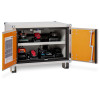 Ceb85F Cemo Lockex Charging Cabinet with both doors open showing shelves and multiple battery chargers inside