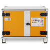 Front view of the Ceb85F Cemo Lockex Charging Cabinet showing yellow doors with handle and safety warning stickers
