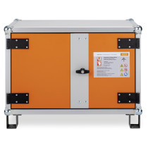Small basic cemo lockex showing the front closed with orange panels and a central grey handle
