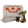 battery fire protection box with pads shown with a cordless drill battery and charger against a white background