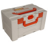 Angled view of a battery fire protection box with a white body and red handles and locks