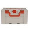Front view of battery fire protection box in grey with orange handle and latches