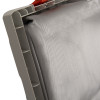 Close-up of the lid lining inside the battery fire protection box showing textured fabric and grey frame edges