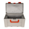 Open battery fire protection box showing the interior with padded lining and red handles