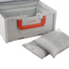 battery fire protection box with two grey fabric pads shown outside the grey and orange box