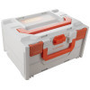 battery fire protection box shown at an angled view with white body and orange handles and latches