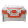 Front view of an elevated battery fire protection box with white and orange details and a central latch handle