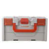 Front view of a battery fire protection box in white with orange handles and secure latches