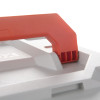 Close-up of the handle on a battery fire protection box showing its shape and attachment point