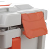 Latch on a battery fire protection box in grey and orange colors