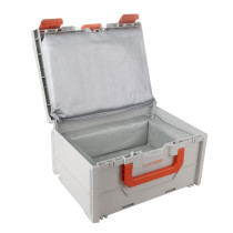 Open battery fire protection box with orange handle and grey interior lining shown on a white background