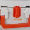 Closeup of the locking mechanism and handle on the celisafe2l stacked cconnected showing part of the label Li-SAFE BOX