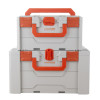 Stacked celisafe2l boxes with grey bodies and bright orange handles and latches