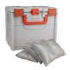 Battery fire protection box with three grey protective pads stacked in front on a white background