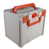 Angled view of a battery fire protection box in grey with orange handles and latches