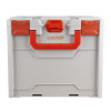 Front view of a battery fire protection box with orange handle and latches on a light grey body