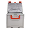 Open battery fire protection box showing the inside with a silver protective lining and red handles