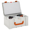 Open Celisafe3Xl Cemo Li Safe 3 Xl showing interior with rechargeable batteries inside and orange handle