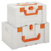 Stacked Celisafe3Xl Cemo Li Safe 3 Xl storage boxes in white with orange handles and latches