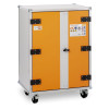 A large metal cabinet on caster wheels with an orange front panel, grey centre strip, black hinges, and a central handle, featuring safety labels on the upper section.
