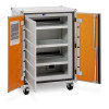 A wheeled metal cabinet with both orange doors open, showing three internal shelves and a rear‑mounted power strip for charging electronic devices; a printed instruction sheet is attached to the left door.
