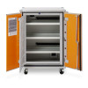  metal cabinet with two open orange doors revealing three shelves and a bottom ventilation unit, with a specification sheet on the left door.