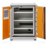 A metal cabinet with orange doors open to reveal three shelves, internal mounting rails, and a lower ventilation unit, with a safety label on the left door.