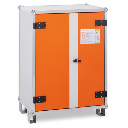 Front view of large premium cemo lockex with orange double doors and central handle on a white frame