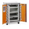 Orange mobile charging cabinet with three internal shelves and a rear power strip, designed for storing and charging laptops or tablets.