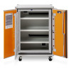 Industrial metal cabinet on wheels with open doors, three shelves, and a ventilation unit at the bottom rear