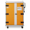 Orange fronted industrial cabinet with a central grey strip, mounted on wheels, featuring LockEX branding and safety symbols