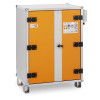 Industrial cabinet with orange doors, silver frame, LockEX label, and safety‑symbol panel, standing on metal legs