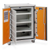 Open metal cabinet with orange exterior and grey interior, three empty shelves, and a ventilation fan at the bottom.