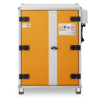 Large orange industrial cabinet with central grey strip, black handle, and safety‑symbol label on the right door
