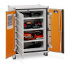 Open cabinet with orange doors and three shelves holding STIHL chargers, power tools, and accessories.