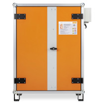 Front view of the large premium plus cemo lockex showing an orange door with a central locking handle and warning label
