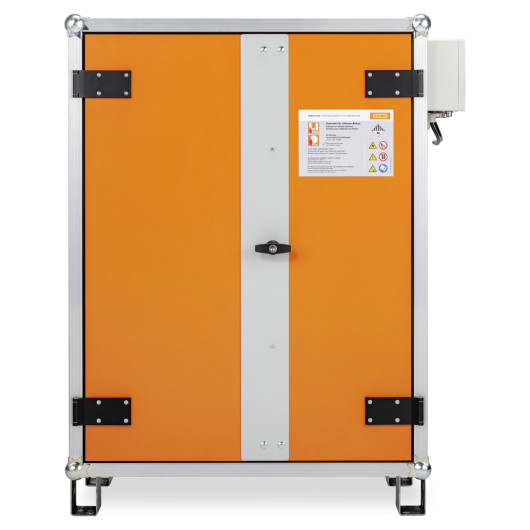 Front view of the large premium plus cemo lockex showing an orange door with a central locking handle and warning label