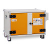 orange industrial cabinet with central grey strip, black handle, and safety‑symbol label on the right door