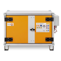 Bright orange industrial safety cabinet with a central grey strip and warning labels indicating suitability for lithium battery storage.
