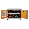 Metal cabinet with open doors revealing two shelves of assorted power‑tool battery chargers, including STIHL units, neatly connected to internal power.