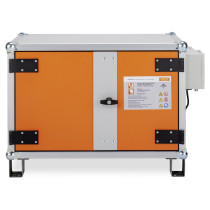 front view of the premium plus small cemo lockex showing an orange and silver metal case with a central handle and warning label