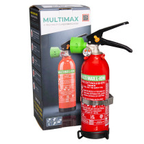 Red Cfmm0 5L Ceasefire Multi Max L Ion Fire Extinguisher 0 5L with black handle and green nozzle standing next to its box