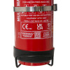 Close-up of the bottom of a red Cfmm2 Multimax 2L L Ion Fire Extinguisher showing the black base and label details