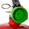Close-up of the green nozzle on the Cfmm2 Multimax 2L L Ion Fire Extinguisher showing metal lever and red tank top