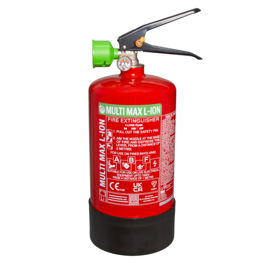 Red Cfmm3L Ceasefire Multi Max L Ion Fire Extinguisher 3L with black base and green nozzle top shown from the front