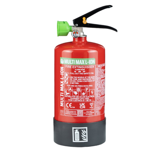 Cfmm3L Multimax 3L L Ion Fire Extinguisher showing front view with red body, green nozzle and black base