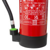 Close-up of the bottom part of a Cfmm6 Multimax 6L L Ion Fire Extinguisher showing labels and hose connection