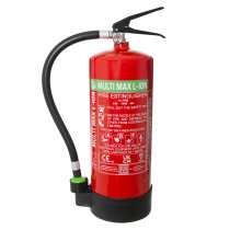 Red Cfmm6 Multimax 6L L Ion Fire Extinguisher front view with black hose and pressure gauge on white background