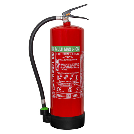 Red Cfmm9L Ceasefire Multi Max L Ion Fire Extinguisher 9L with black hose and safety instructions label on a white background